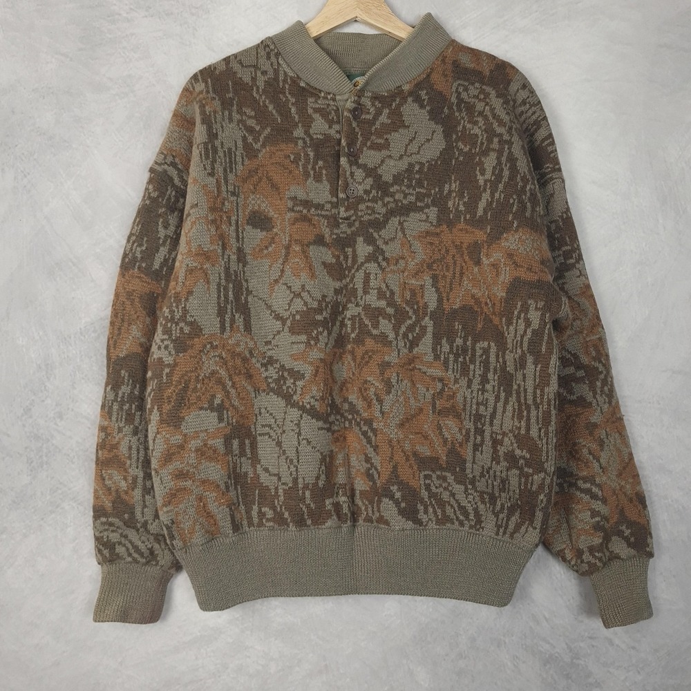 Cabelas Sweater Mens XL Brown Wool Camo Windstopper Waterfowler Lined Hunting